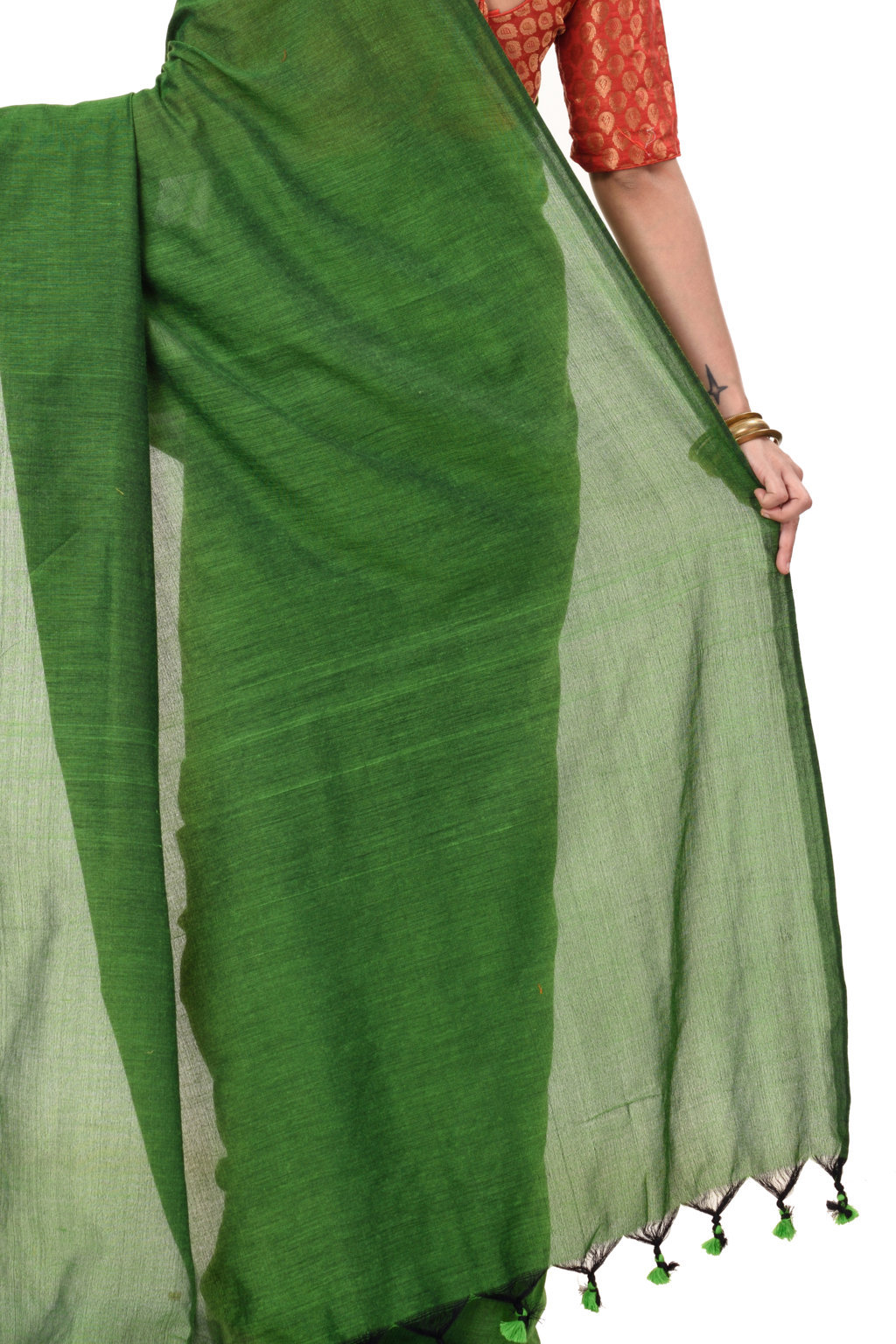 Green Pure Cotton ThanKhadi Hand Loom Saree (445)